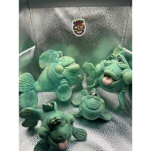 Whimsical Ceramic Fish Figurines Set Teal Green Hand Painted Unique Collection
